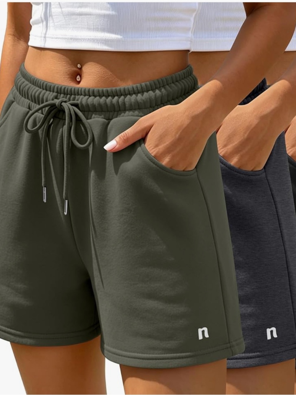Two pair Women’s Olive and Gray Drawstring Athletic Shorts with Pockets.